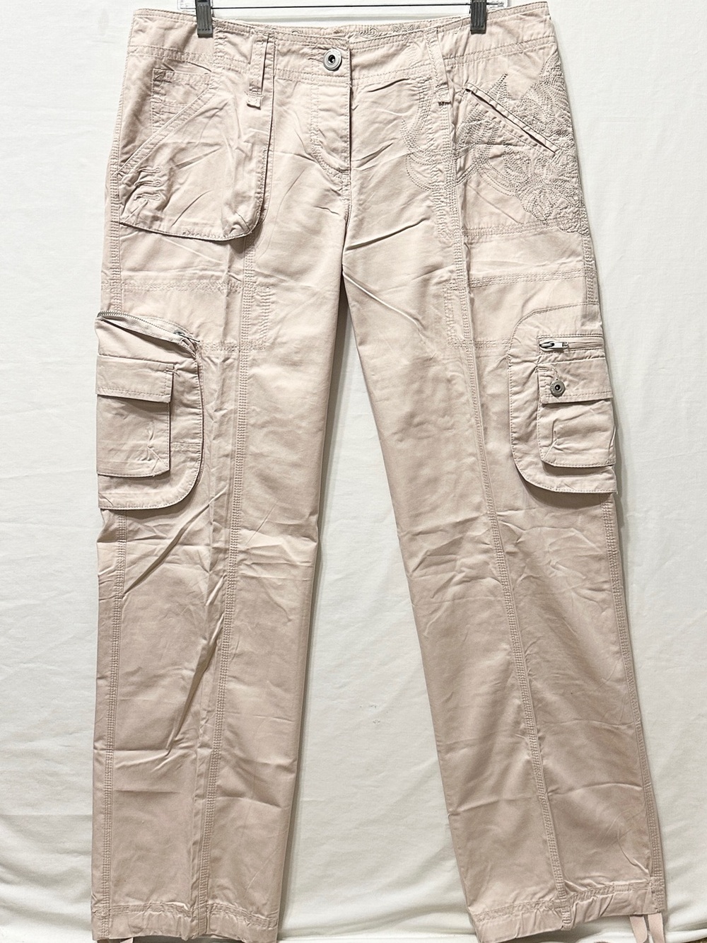 Vtg Onyx (Rome, Italy) Light Pinkish-Beige Cargo Pants w/Silver Embroidery - 32